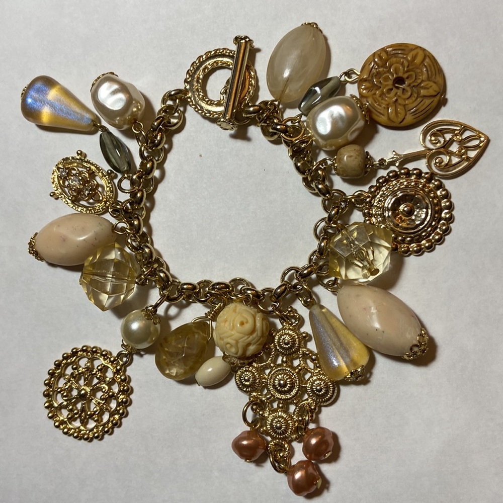 Fashion Goldtone Mix Faux Charm Stones & Beads Chain Bracelet 7.5”